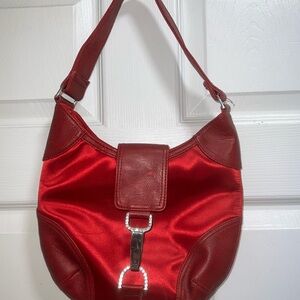 Red Satin Shoulder Bag with Faux Snakeskin Accents and Rhinestone Buckle